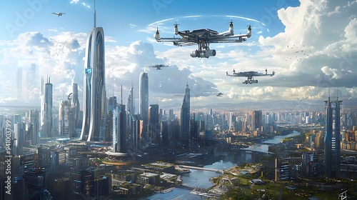 Drones Over Metropolis: Futuristic city skyline with advanced drones soaring through the sky, hinting at a technologically advanced future. 