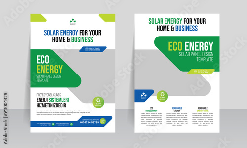 Solar green energy system flyer design template, eco green renewable service brochure cover booklet & business