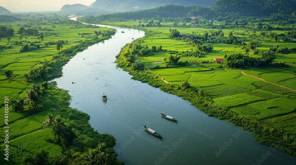 A winding river flowing through the lush countryside of Vietnam, with traditional boats and farmers working along the banks A winding river flowing through the lush countryside of Vietnam, with traditional boats and farmers working along the banks
