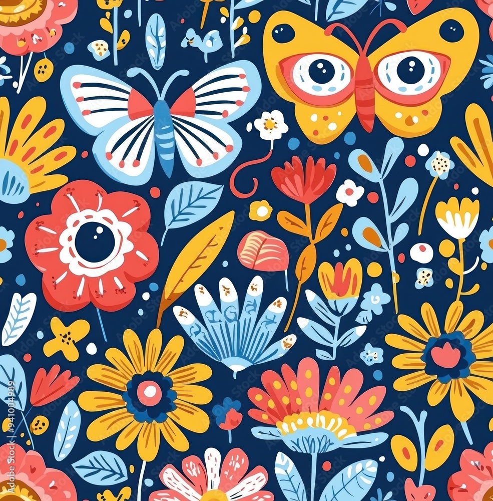 Fototapeta premium Colorful butterfly and floral pattern with wide-eyed butterflies and cheerful flowers on a blue background Generative AI