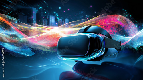 VR headset with colorful abstract background, futuristic technology.. photo