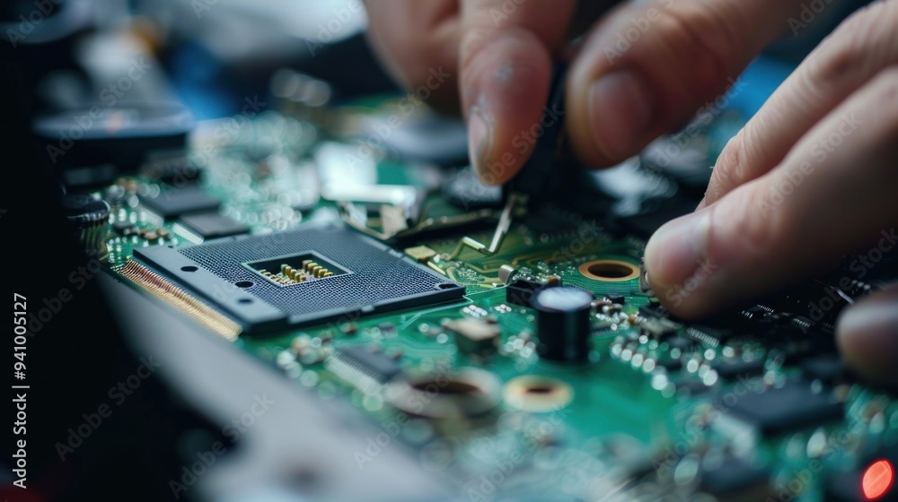 Obraz premium Close-up of Hands Working on a Circuit Board