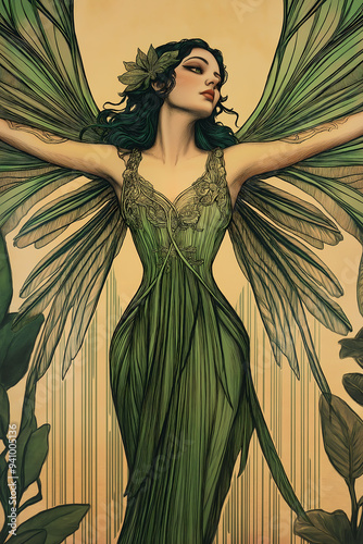 An elegant poster in a 20s and 30s nostalgic style featuring a goddess-like female elf and star, perfect for vintage wallpaper.