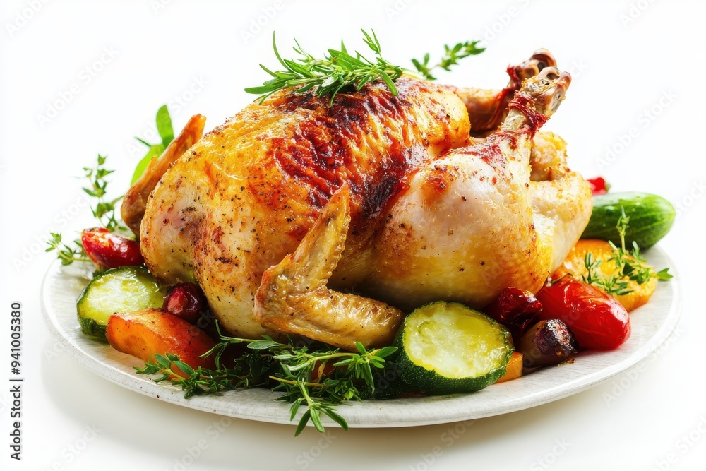 Roasted chicken Hendl with herbs and vegetables served on a white plate against a plain background Roasted chicken Hendl with herbs and vegetables served on a white plate against a plain background