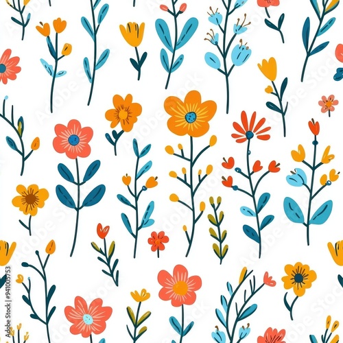 Simple floral pattern with colorful flowers and green leaves on a white background Generative AI