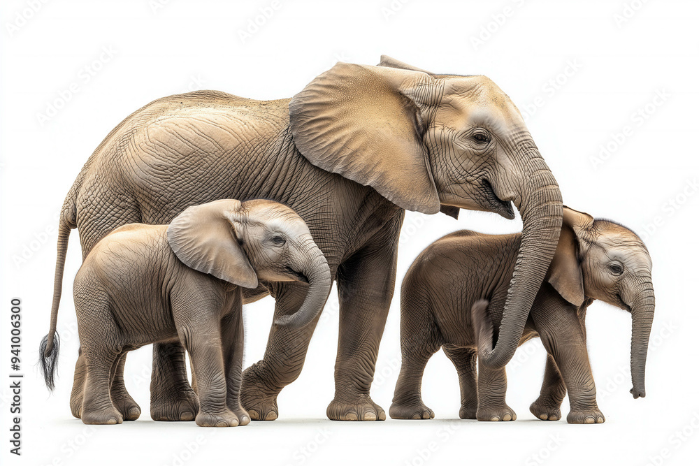 Fototapeta premium Elephant Family On White Background