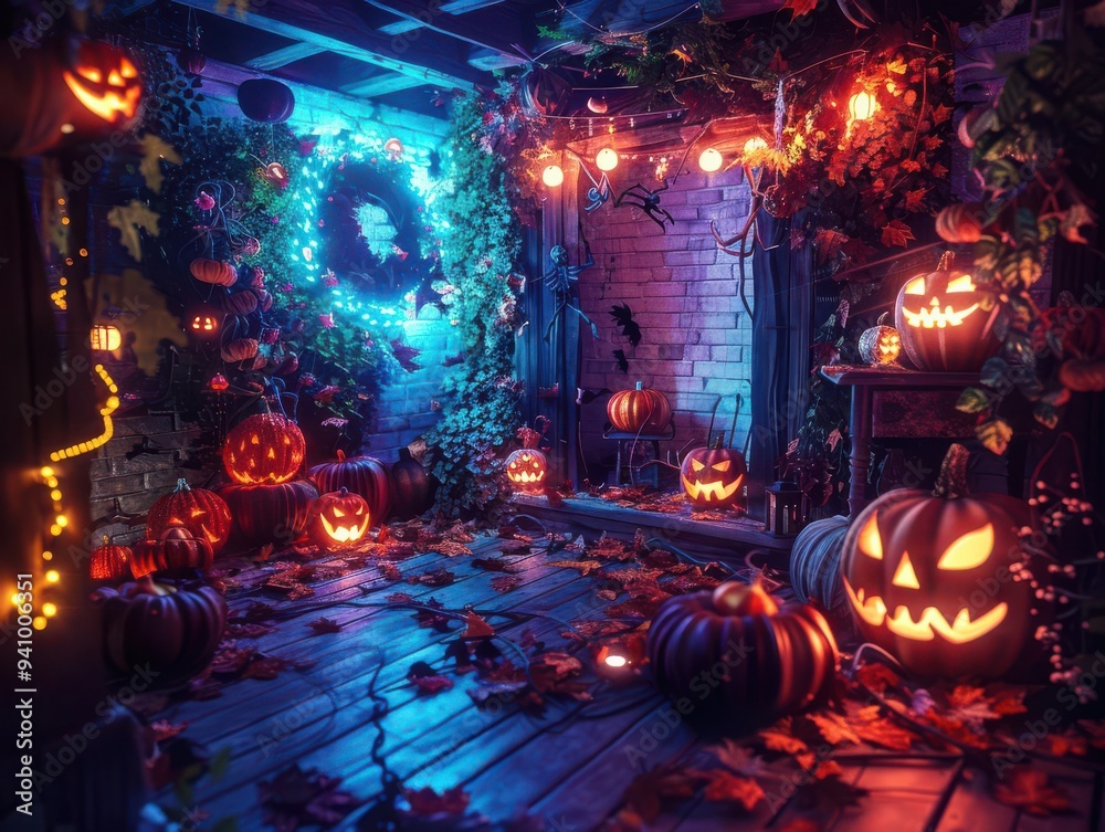 Spooky Halloween scene with glowing jack-o'-lanterns, festive lights, pumpkins, and fall leaves in a dimly lit, decorated corner. Spooky Halloween scene with glowing jack-o'-lanterns, festive lights, pumpkins, and fall leaves in a dimly lit, decorated corner.