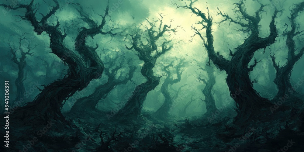 Twisted trees in a misty green forest.