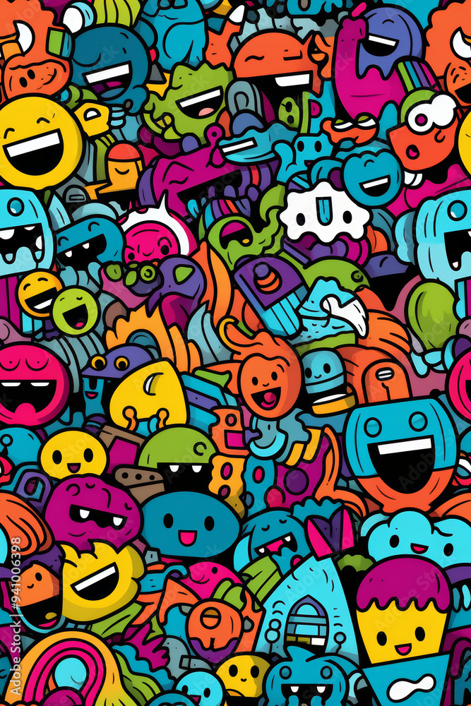 A seamless pattern of happy, colorful, cartoon characters and doodles. A seamless pattern of happy, colorful, cartoon characters and doodles.