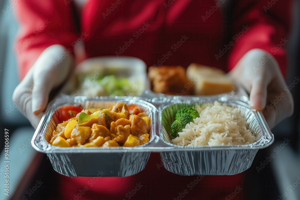 Flight Attendant Served Food For Passenger
