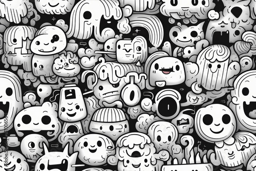 A seamless pattern of white and black doodle characters, including animals, objects, and abstract shapes.