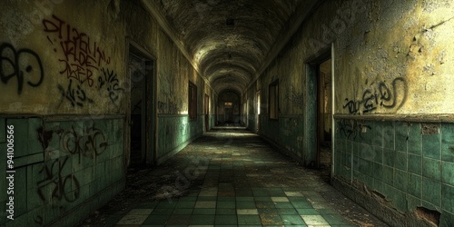 A long, dark, and decaying hallway. photo