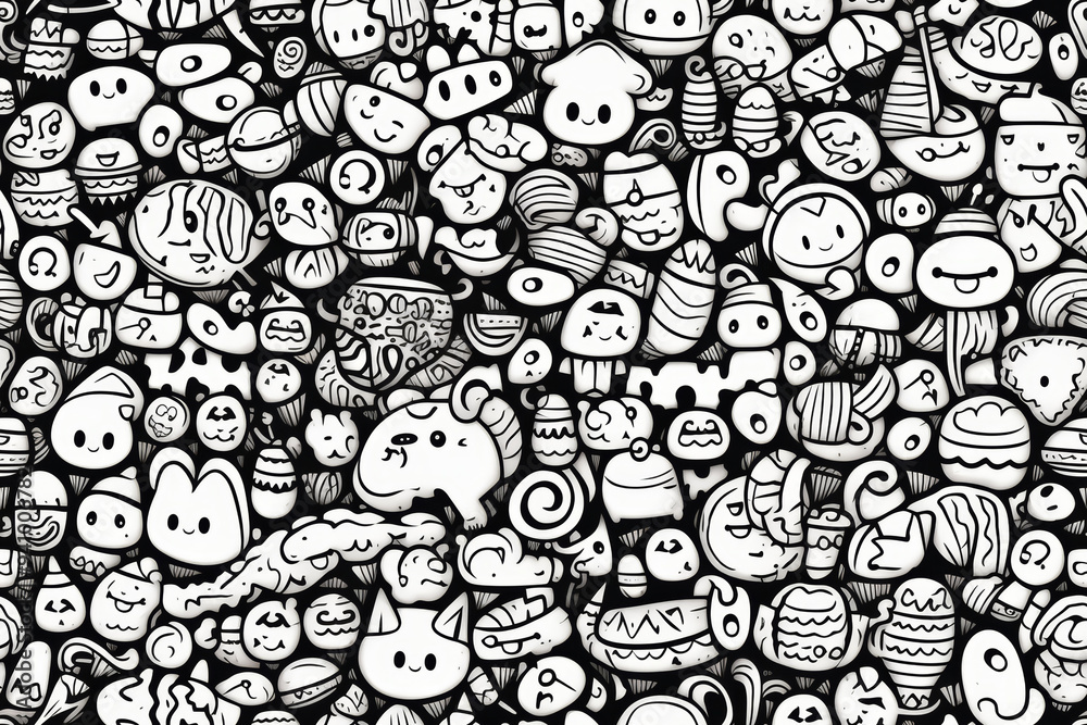Naklejka premium A seamless pattern with a black background and white doodle characters.
