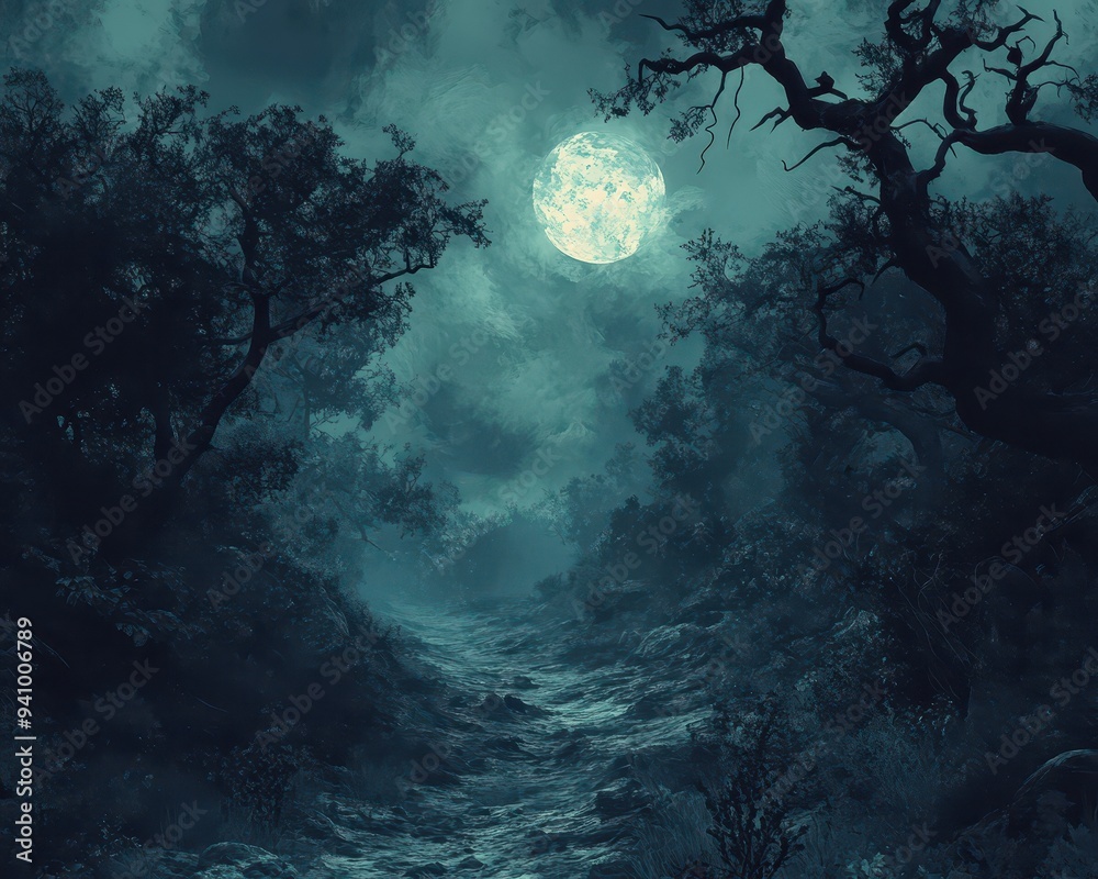 Fototapeta premium Halloween night safari through a haunted and creepy wilderness