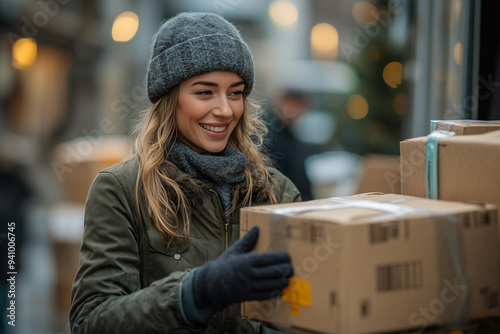 Holiday Shipping Smiles: A young woman beams with satisfaction, carefully carrying a package amidst the bustling holiday season. 