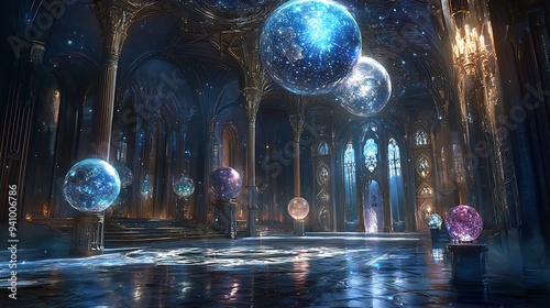 Ethereal Royal Palace Interior with Shimmering Gemstones and Celestial Globes photo