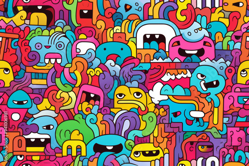 A seamless pattern with a colorful and whimsical illustration of cartoon monsters.