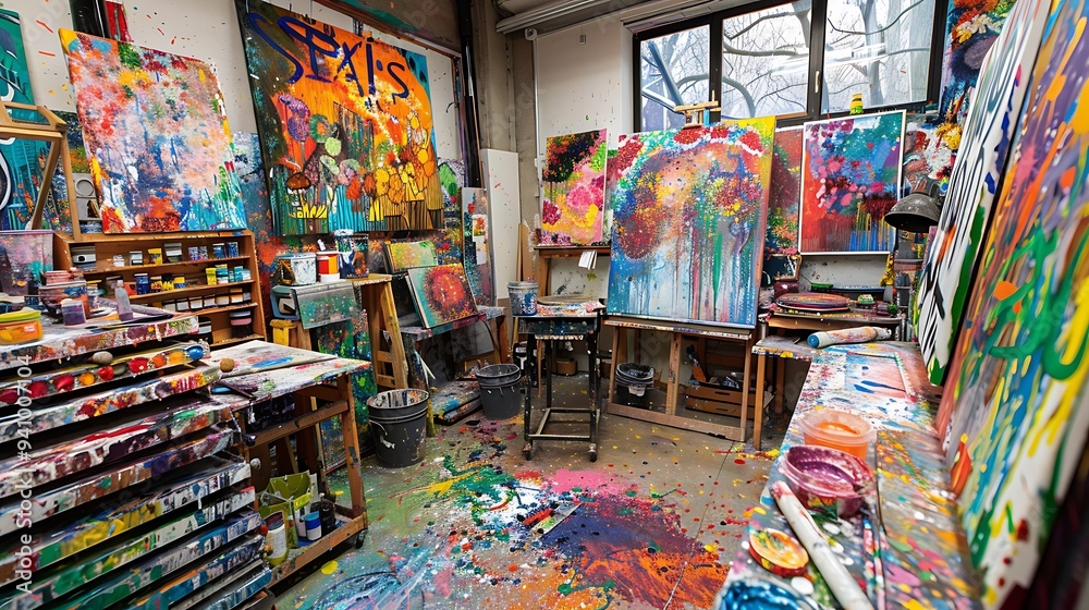 Fototapeta premium Artist's Haven: A vibrant and chaotic art studio filled with color and creativity. The space is a testament to the artist's passion and dedication, with paint splattered on the floor and walls, canvas