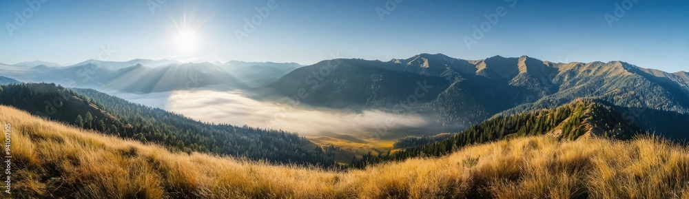 Morning mist over mountain valley with golden grass and forest Generative AI Morning mist over mountain valley with golden grass and forest Generative AI