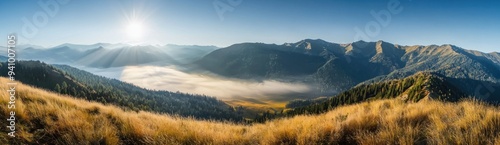 Morning mist over mountain valley with golden grass and forest Generative AI