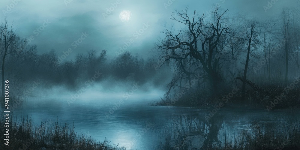 Misty night with moonlit lake and trees. Misty night with moonlit lake and trees.