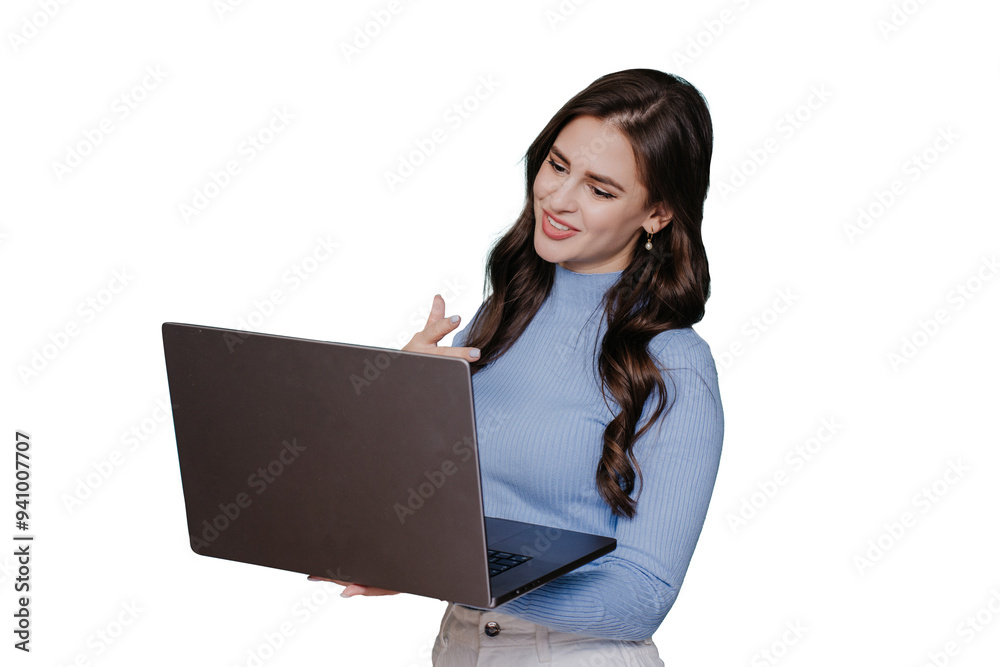 young woman smiling at a laptop screen, wearing a light blue turtleneck sweater, against a transparent background young woman smiling at a laptop screen, wearing a light blue turtleneck sweater, against a transparent background