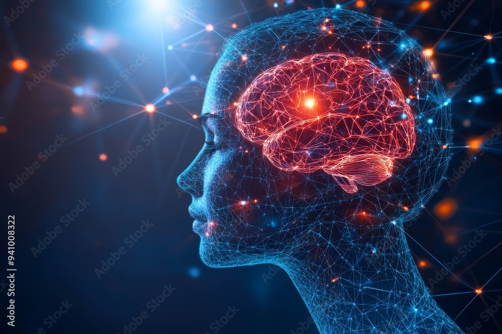 Futuristic digital artwork featuring a woman with her brain illuminated by neural connections symbolizing intelligence thought and energy of cognitive processes in a vibrant tech inspired style Futuristic digital artwork featuring a woman with her brain illuminated by neural connections symbolizing intelligence thought and energy of cognitive processes in a vibrant tech inspired style