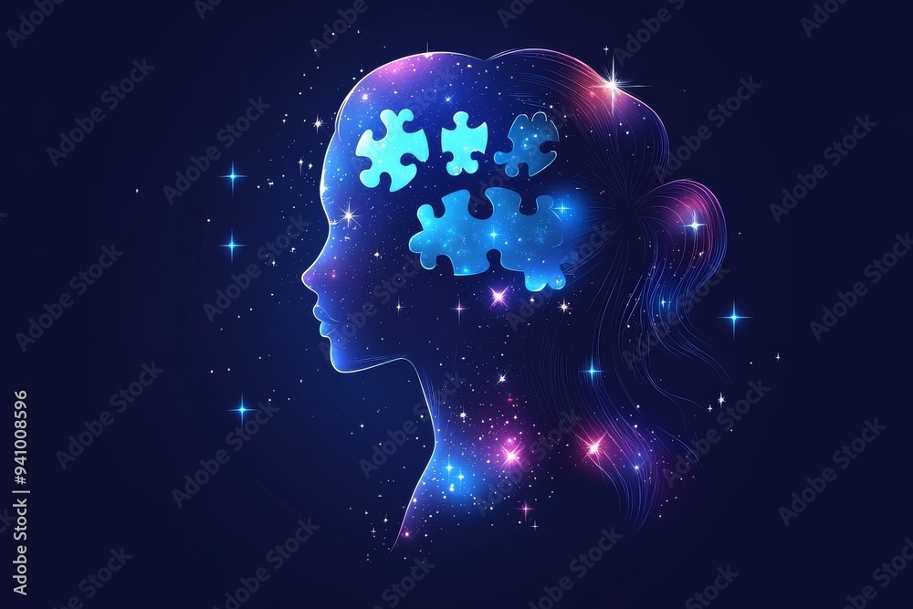 A conceptual digital illustration of a woman with puzzle pieces floating around her head representing identity thought and the complexity of the mind in a cosmic abstract style A conceptual digital illustration of a woman with puzzle pieces floating around her head representing identity thought and the complexity of the mind in a cosmic abstract style