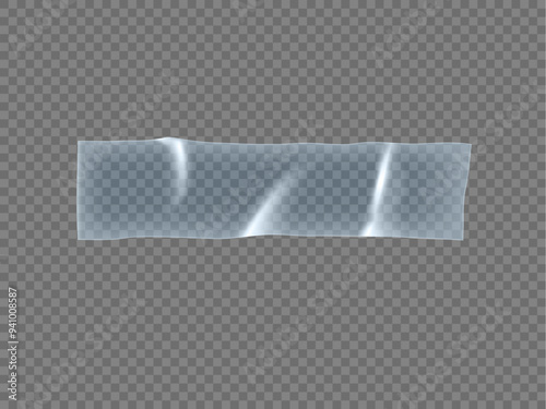 Glued wrinkles rectangular transparent plastic sticker, vector realistic adhesive blue PVC label, overlay scotch tape