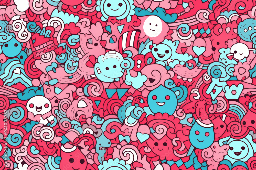 Naklejka premium A seamless pattern with cute doodle elements, in pink and blue color scheme.
