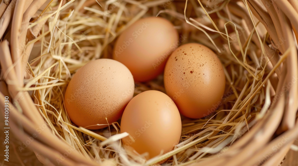 A close-up of fresh brown eggs nestled in a straw-lined basket, emphasizing farm-fresh produce and natural food. A close-up of fresh brown eggs nestled in a straw-lined basket, emphasizing farm-fresh produce and natural food.