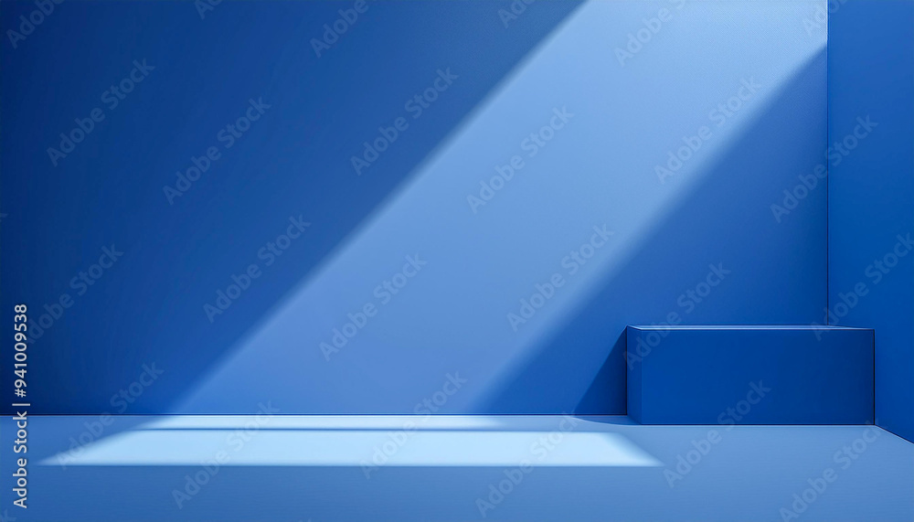 Blue background abstract geometry studio scene with shadow and light for product display showroom mockup.Minimal interior with empty space.Generative AI Blue background abstract geometry studio scene with shadow and light for product display showroom mockup.Minimal interior with empty space.Generative AI