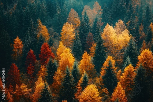 Aerial view of vibrant autumn forest with colorful foliage and lush green trees Generative AI