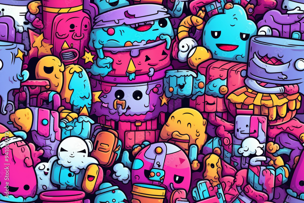 Fototapeta premium A vibrant and colorful doodle pattern featuring a variety of cute and whimsical characters, each with unique expressions and designs.