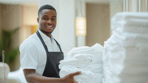 Laundry service worker preparing a delivery of folded linens to a hotel.