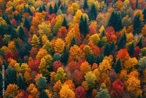 Aerial view of vibrant autumn forest with colorful foliage and lush green trees Generative AI