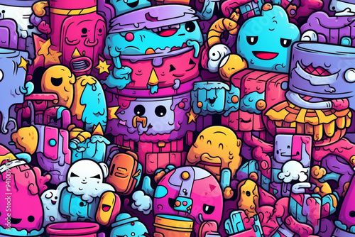 Wallpaper Mural A vibrant and colorful doodle pattern featuring a variety of cute and whimsical characters, each with unique expressions and designs. Torontodigital.ca