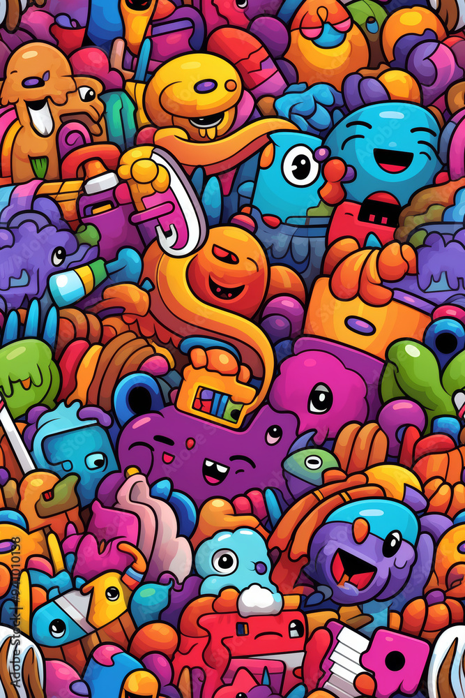 Fototapeta premium A vibrant and colorful doodle pattern featuring a variety of cute and playful characters.