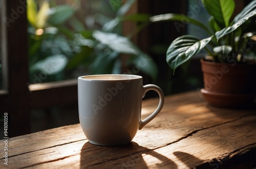 Beautiful morning close up photo of a white ceramic cup of freshly brewed coffee standing on a dark wooden table with blurred green plants in the back. Cozy coffeeshop barista beverage illustration.