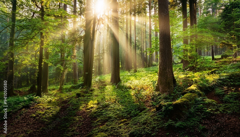 Obraz premium Beautiful rays of sunlight in a green forest