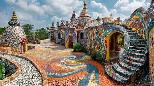 A Kaleidoscope of Faith: Wat Pha Sorn Kaew's mosaic wonderland shimmers under a bright sky, its intricate details and vibrant colors embodying the beauty of Thai Buddhist art and architecture.