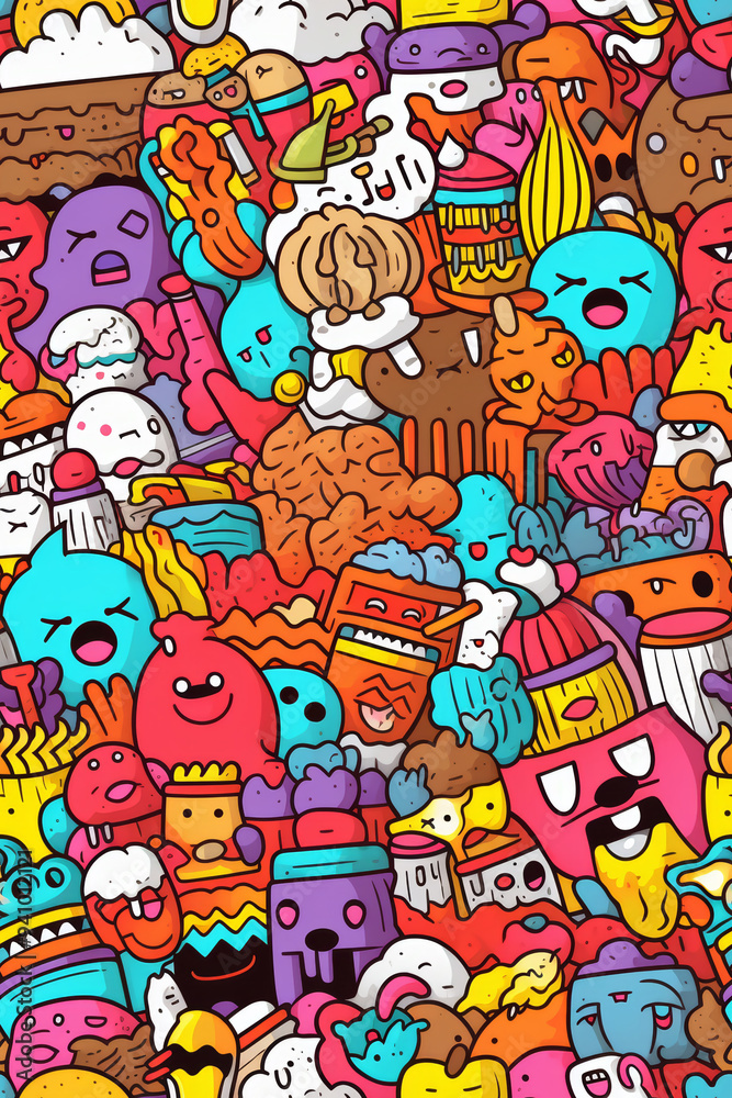 A vibrant and playful doodle pattern featuring a variety of whimsical characters and objects. A vibrant and playful doodle pattern featuring a variety of whimsical characters and objects.