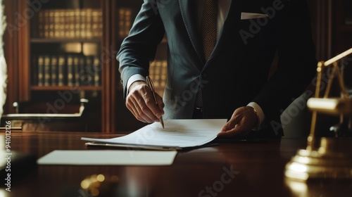 Legal service professional preparing documents in a well-appointed law office.