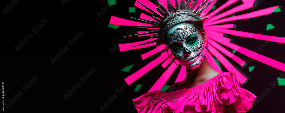 A girl dressed as gothic Calavera Catrina during the Mexican Day of the Dead celebration. Hyper-realistic fashion photo, high quality. A girl dressed as gothic Calavera Catrina during the Mexican Day of the Dead celebration. Hyper-realistic fashion photo, high quality.