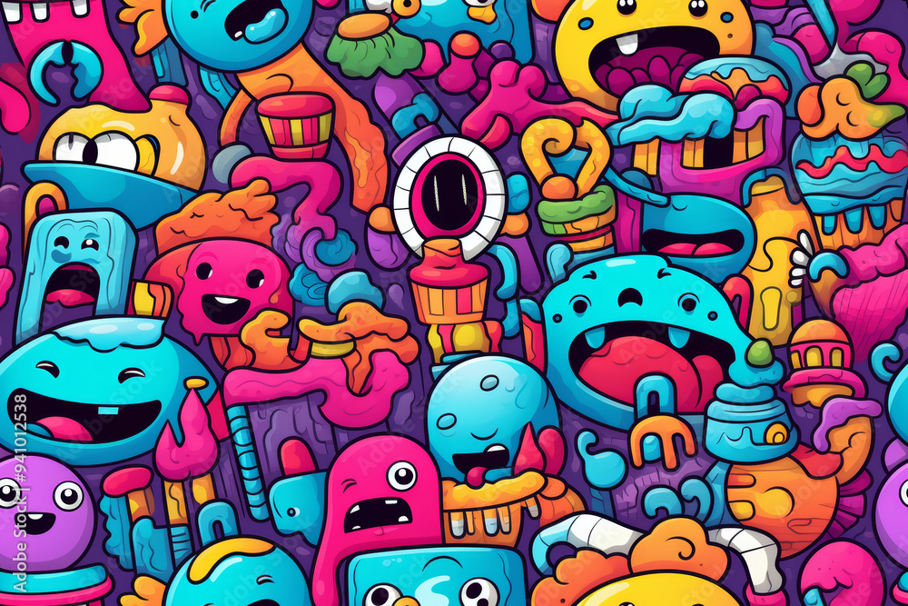 A vibrant and playful pattern featuring a variety of cartoon monsters and creatures in a doodle style.