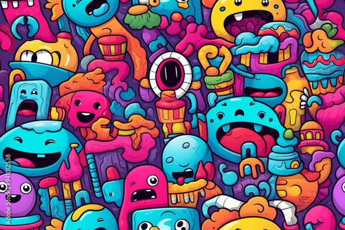 A vibrant and playful pattern featuring a variety of cartoon monsters and creatures in a doodle style.