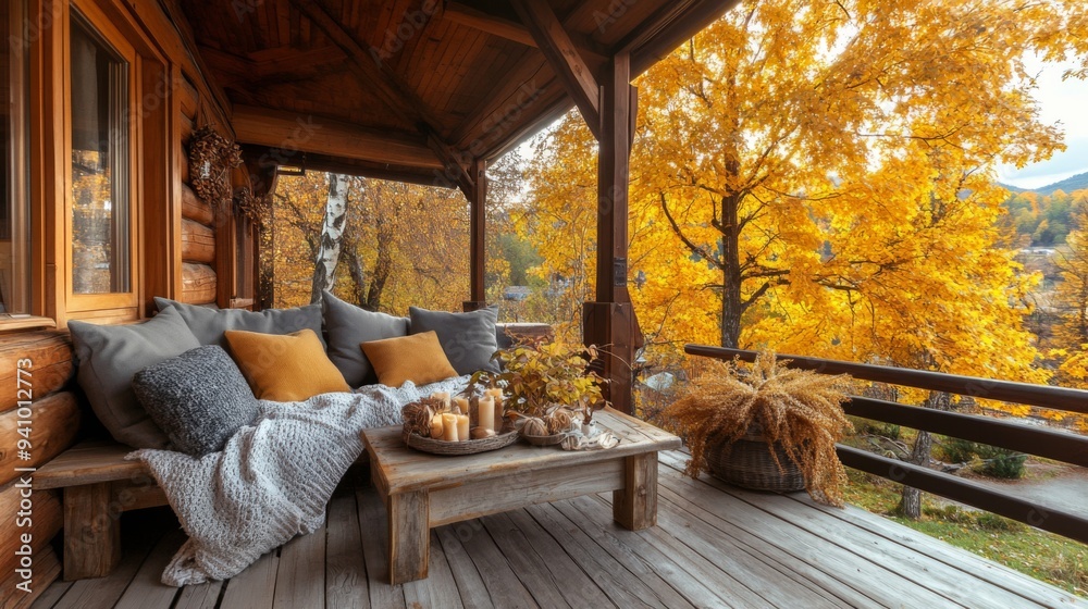 Naklejka premium A Cozy Autumn Retreat Featuring a Charming Wooden Porch That Is Surrounded by Vibrant Fall Foliage