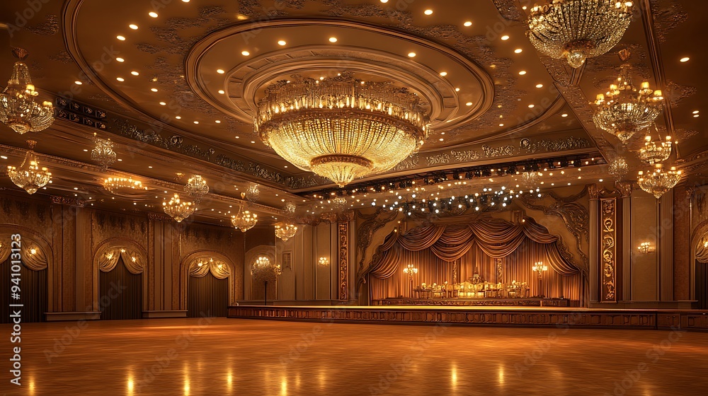 Obraz premium Well-Lit Event Hall Featuring a Stage with Ornate Ceiling and Chandeliers