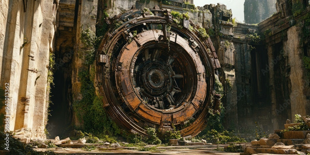 Overgrown ruins with a circular, metallic structure.