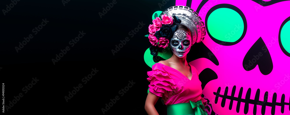 A girl dressed as gothic Calavera Catrina during the Mexican Day of the Dead celebration. Hyper-realistic fashion photo, high quality. A girl dressed as gothic Calavera Catrina during the Mexican Day of the Dead celebration. Hyper-realistic fashion photo, high quality.